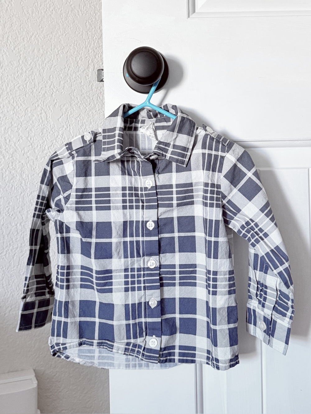 kate quinn ls shoulder tab button shirt | indigo plaid | organic cotton 18-24m